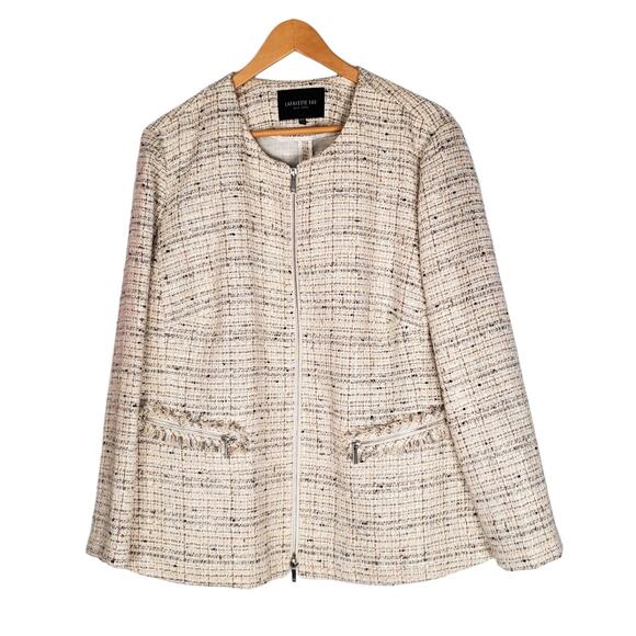 Lafayette 148 New York Tweed Zip Up Blazer Jacket Cream Ivory Textured Size 18